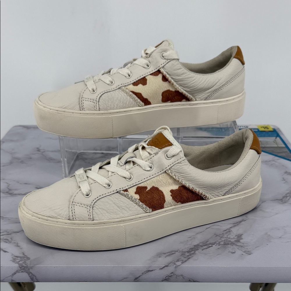 UGG Dinale Sneaker Lace Up White Mesa Sand Cow Print Leather Casual Sz 8.5 US‎